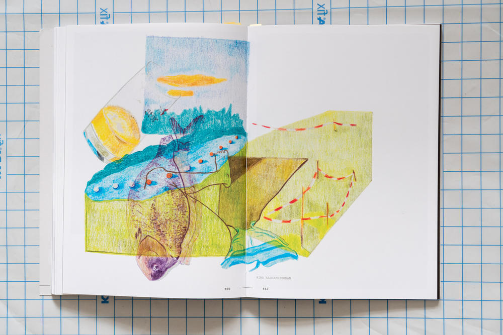 Eine Doppelseite mit Illustrationen des Künstlerins in Buntstift, die einen Fisch zeigen, der aus einem Bierglas vor einem See mit Bojen fällt